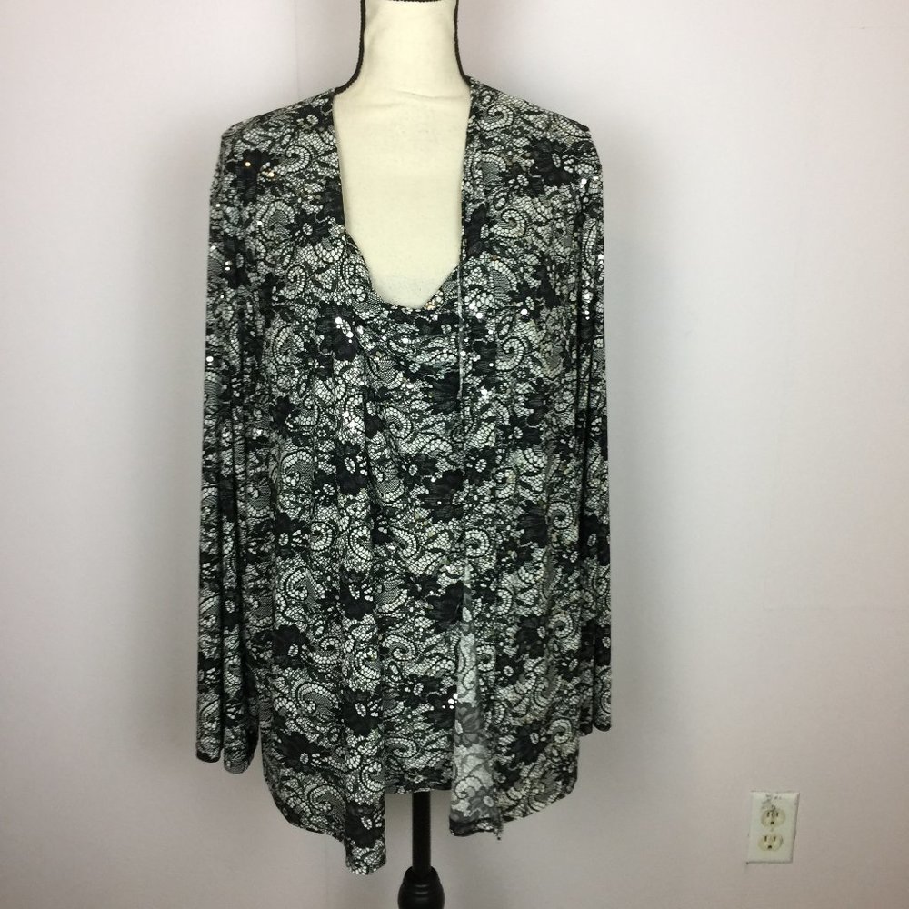 New! Catherines Blouse Top 3X Womans Plus Black Floral Cowl Neck Long Sleeve